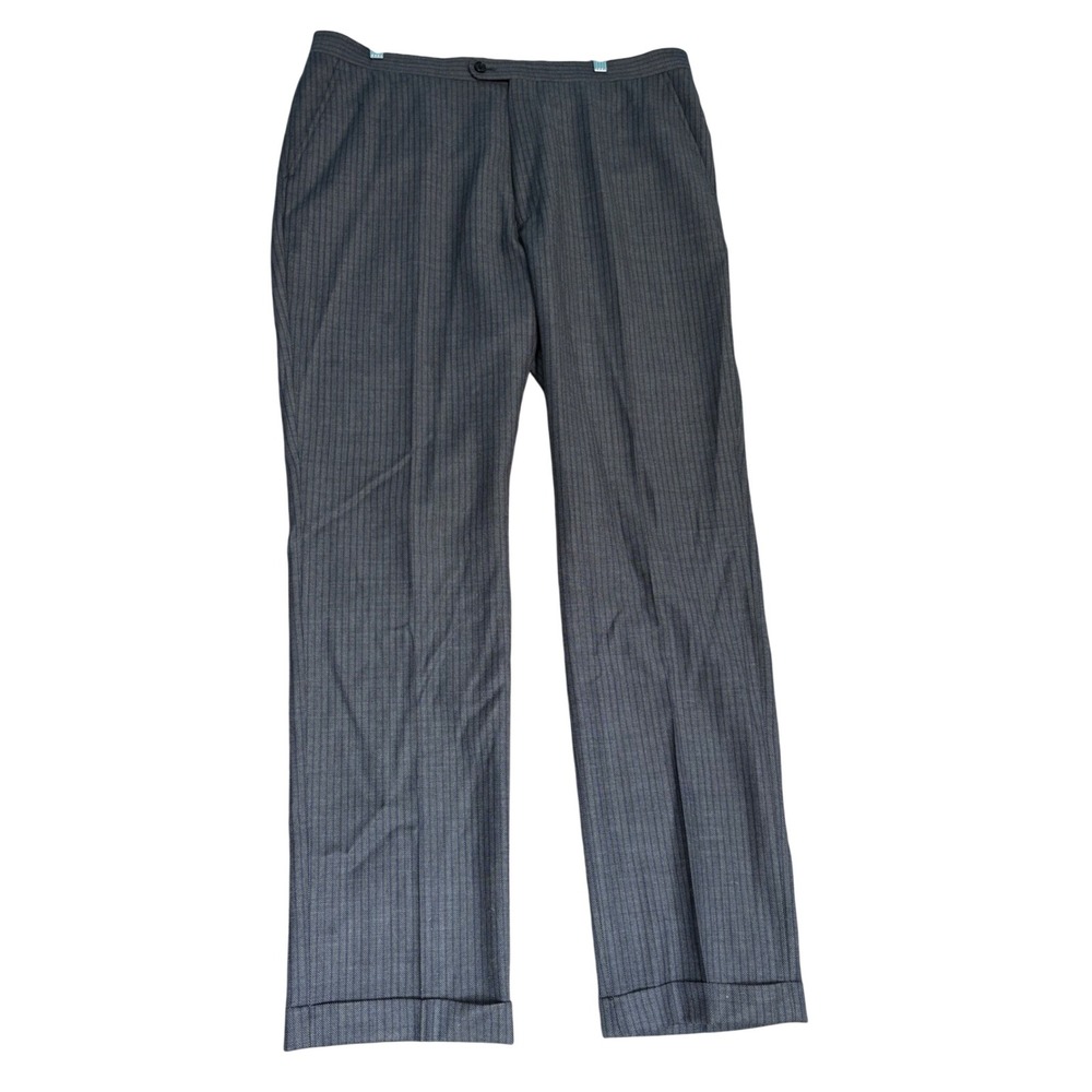 Indochino Dress Pants Mens 37x31.5 Grey Blue Pinstripe Cuffed Trousers Stain